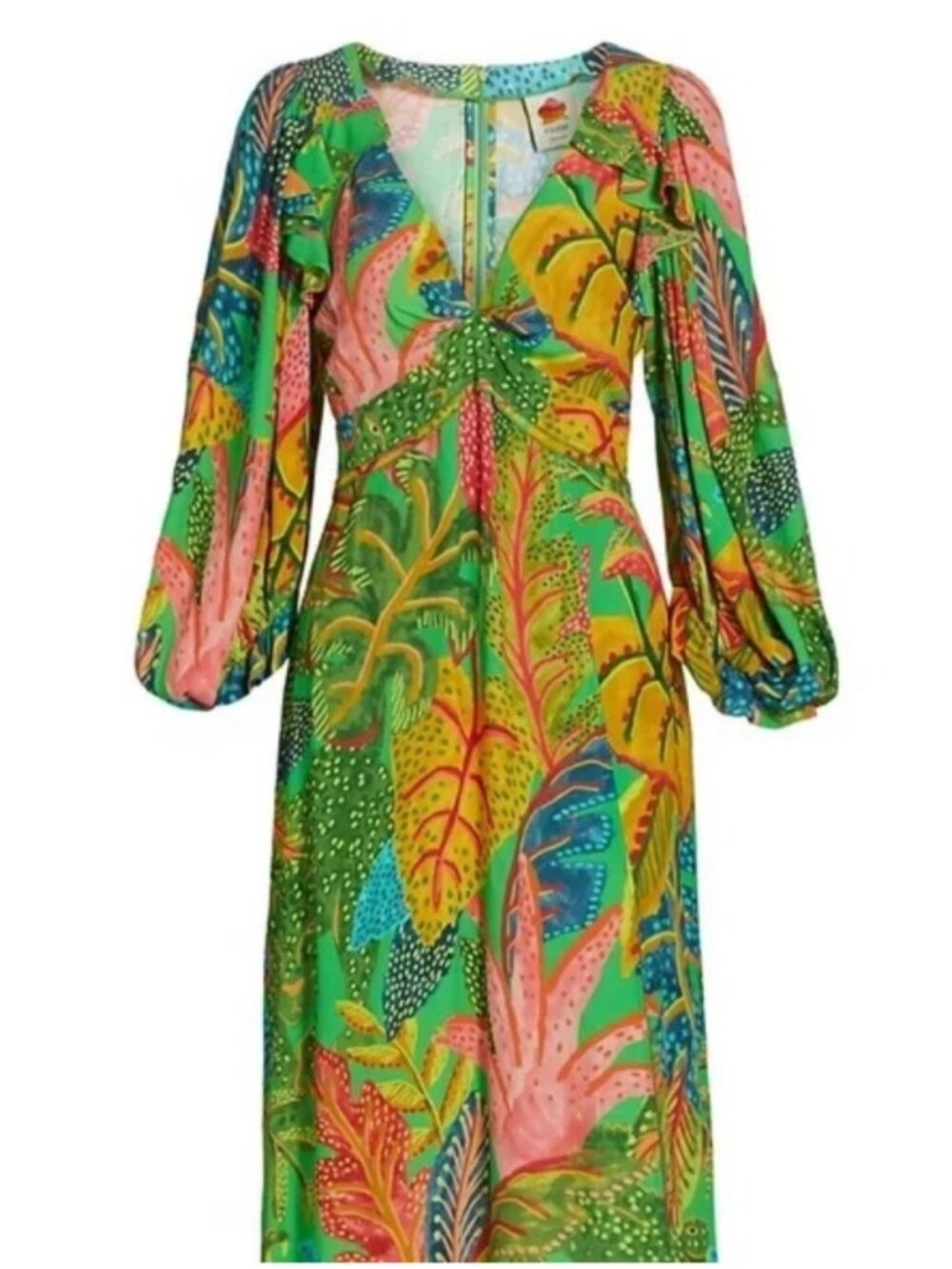 NWT FARM Rio Green Tropical-Print Plunge V-neck Midi Dress - Picture 3 of 11